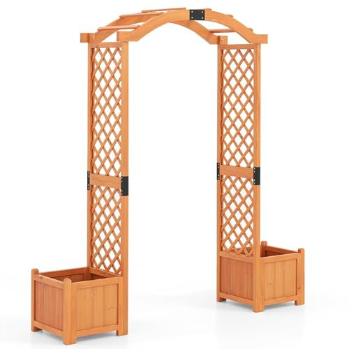 GiantexUK Wooden Garden Arch with Planter Boxes, Trellis Pergola Arbour with Drainage Holes, Roses Climbing Plants Support Archway for Lawn Patio Wedding Ceremony Party Decoration, 185 x 45 x 201cm