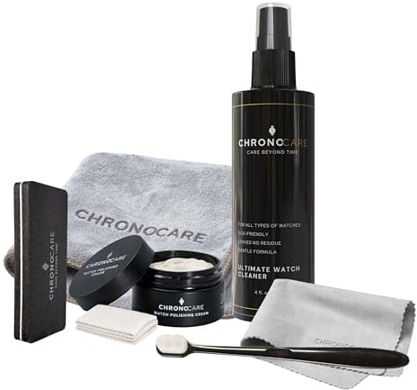 Uhrenpolier- & Reinigungsset - Kratzreparaturcreme, Poliertuch, Reinigungsspray, Matter Erneuerungsschwamm, Bürste & Premium Trockentuch - Sicher für alle Luxus-Metall-Uhren - Komplettes