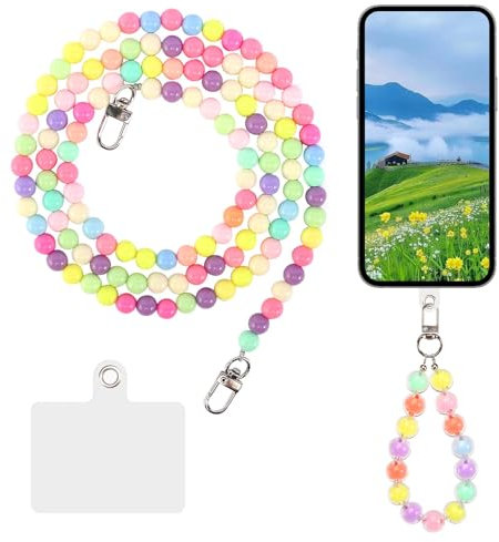 HURODZ Handykette Perlen, 2 Stück Bunte Perlen-Handyketten, Handykette zum Umhängen Damen Perlenkette Handy Umhängeband Handy Kordel mit Transparent Einsätzen