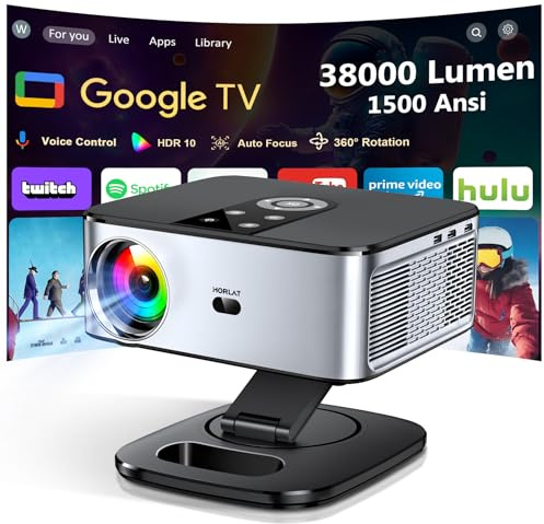 Proyector 4K【1500 ANSI/Google TV/Auto Focus】 Horlat Proyector 38000Lúmenes Full HD 1080P Nativo,Auto Enfoque,Corrección y Evitación, WiFi6 &Bluetooth 5.2, Control de Voz Projector en Casa/Exterior