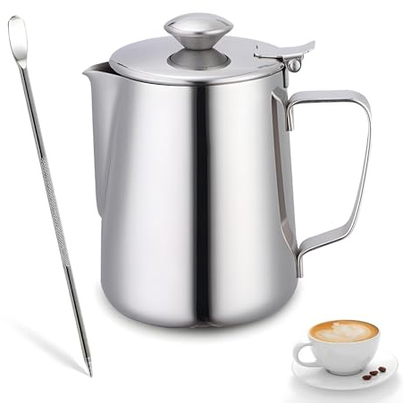 Tianher Bricco Latte, 350ml Bricco Latte Acciaio Inox con Coperchio e Maniglia Tazza di Schiuma Tazza di Caffè in Acciaio Inox Brocca per Latte per Versare Caffè e Preparare Cappuccino e Latte