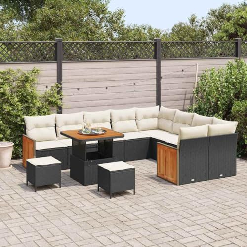 QJBSAVVA Gartensofa 12-Teilig Schwarz Creme 80x80x71 cm Poly-Rattan wetterfest Outdoor Lounge Couch für Terrasse Balkon Garten