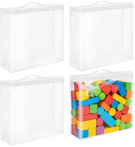 DARENYI 4Pcs Toy Storage Bags with Zips Clear Waterproof Toy Organiser Bags | PVC Portable Toy Storage Organiser with Handle for Building Blocks, Puzzle, Kids Books, Stuffed Animals