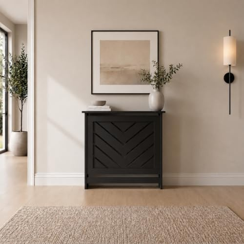 DuraTherm® Arrow Radiator Cover Black Modern Chevron Slat Shelves MDF Cabinet Shelf for Radiators, Living Rooms, Bedrooms, Small (W: 85cm / H: 81.5cm / D: 21cm)
