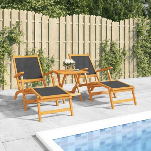 Mokuyary Juego de 2 tumbonas de jardín de madera maciza de acacia y textileno, tumbona de playa con respaldo ajustable para jardín, balcón, terraza, camping, playa, piscina