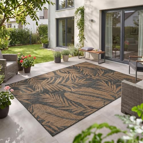 Teppium Outdoor Teppich Schwarz Natur Jute Optik 160x220 cm Balkon Terrasse Garten Wetterfest UV-beständig Groß Palmblatt Flachgewebe Pflegeleicht Robust Modern