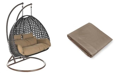 HOME DELUXE - Hängesessel Twin - Braun, Höhe 195 cm - inkl. Regenabdeckung, Gestell, Sitz- und Rückenkissen I Polyrattan Hängestuhl Gartenschaukel Hängekorb