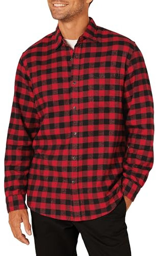 Amazon Essentials Chemise en Flanelle à Manches Longues (Grandes Tailles Disponibles) Homme, Noir Rouge Carreaux Lainés, XL