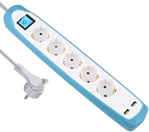 Electraline 62160, Steckdosenleiste 5-Fach mit Schalter + 2 USB 2.1A, Kabel 2m / Mehrfachsteckdose / Tischsteckdose / Steckerleiste / Steckerleiste, Extra Flacher Stecker