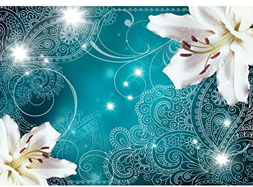 Runa Art Fototapete Lilien Blumen Ornament 352 x 250 cm Vlies Tapeten XXL Moderne Wandtapete Wohnzimmer Schlafzimmer Türkis 9197011a