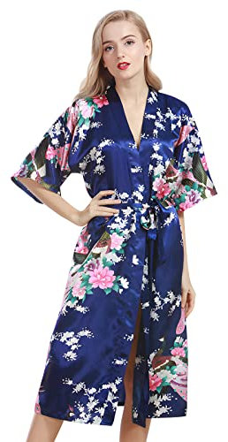 OLESILK Damen Lang Morgenmantel Satin Kimono Kurzarm Robe Bademantel mit Gürtel V-Ausschnitt Nachtwäsche Negligee mit Pfau und Blumen Muster, Marineblau