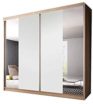 E-MEUBLES Armoire de Chambre avec 2 Portes coulissantes | Armoire avec Miroir | Penderie (tringles) avec étagères (LxHxP): 233x218x61 Ben 38 (Sonoma/Blanc Mat+Miroir)