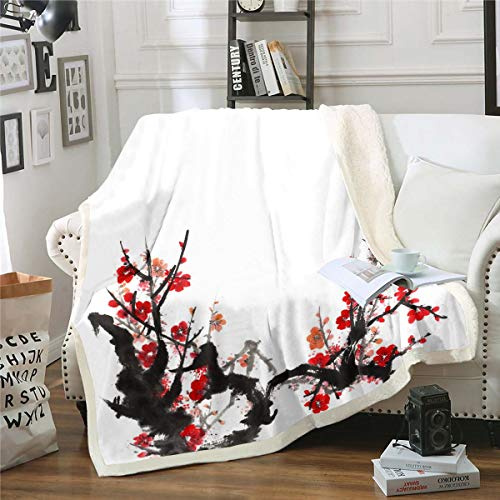 Plum Blossom Fleece Throw Blanket Floral Sherpa Blanket for Kids Boys Girls Adults Red Plum Flowers Pattern Winter Tree Branches Decor for Sofa Bed,King 87x94 Inches