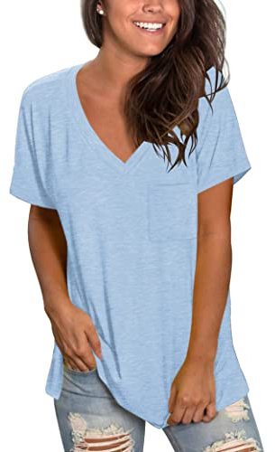 Plain Tshirts for Women Summer Short Sleeve Tops Comfy T Shirts V Neck Sky Blue S