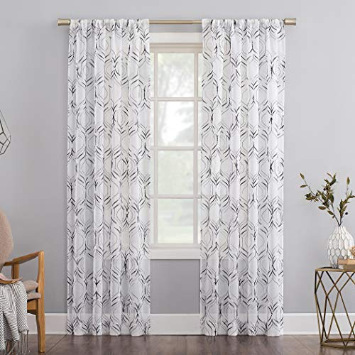 No. 918 Raina Space Dyed Trellis Embroidery Sheer Rod Pocket Curtain Panel, 50 x 84, Charcoal Gray