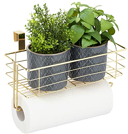 Relaxdays 1x Panier Suspendu avec Porte Rouleau de Cuisine, Rangement, Cuisine et Bain, métal, HxLxP : 18 x 31 x 17 cm, doré