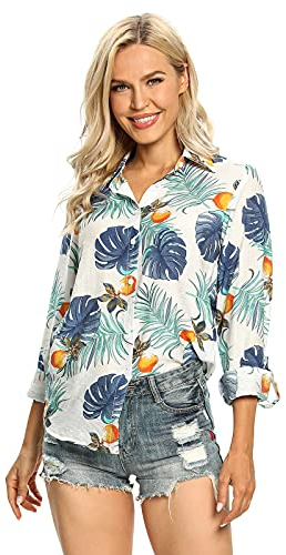 Aeslech Leichtes Hawaii-Hemd für Damen, mit Knopfleiste, bedruckt, 3 weiße Monstera, XXL