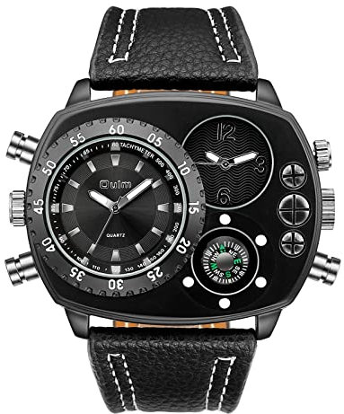 JewelryWe Herrenuhr Analog Quarz Kompass Zwei Zeitzone Armbanduhr Männer Leder Armband Übergroße Uhr Sportuhr mit großem Rechteckigen Zifferblatt Schwwarz