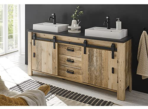 Lomadox Badezimmer Doppelwaschtisch inkl. Unterschrank in Old Style hell Nb. mit anthrazit, B/H/T: ca. 164/91/43 cm