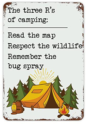 Happy Camping Metall-Blechschild The Three R's of Camping Schilder, Camper, Dekoration, Sommerurlaub, rustikale Wandkunst, Ruhestand, Dekoration für Schlafzimmer, Wohnzimmer, Veranda, Geschenke für