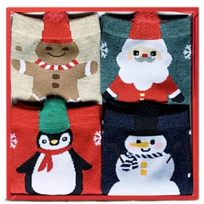 Voiakiu Weihnachtssocken | 4 Paar Weihnachtssocken für Damen | Knit Crew Weihnachtssocken mit Geschenkbox, Bequeme Weihnachtssocken aus Baumwolle