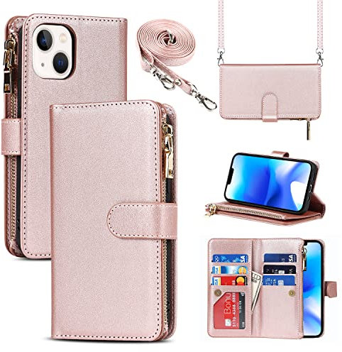 Cavor Coque Compatible avec iPhone 14 Plus Etui avec Cordon,Flip Portefeuille Étui Cuir,[9 Porte Cartes][Double Boucle],Protection Housse étui Compatible avec iPhone 14 Plus - Or Rose