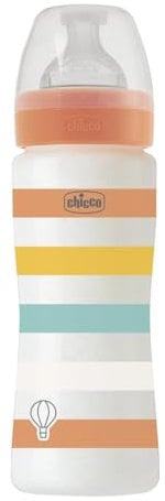 Chicco WELL-BEING Biberón Anticólicos de Flujo Rápido, Biberón para Bebés 4+ Meses con Tetina Physio de Silicona Suave y Acabado Soft Sense, Biberón de Plástico de 330 ml, Naranja