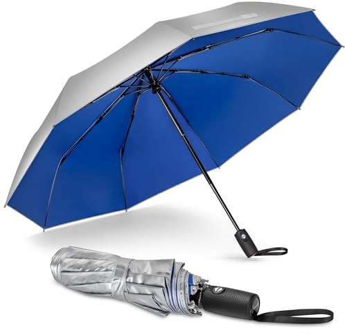 NINEMAX UV Parapluie Pliable Incassable Soleil Anti Vent,Parapluie de Voyage Automatique Pour Hommes Femmes Petite Taille(Bleu)