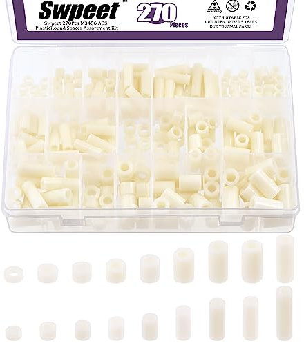 Swpeet 270pcs 18 taille blanc nylon rondelle support écrou combo Kit, nylon ABS support en plastique, longueur 3mm 5mm 6mm 8mm 12mm 18mm 20mm 25mm, pour m3 M4 M5 M6 prototype de vis