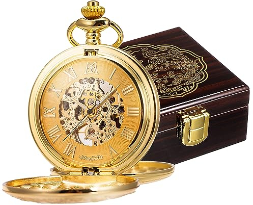 ManChDa Mechanische römische Ziffern Zifferblatt Skelett Taschenuhren mit Box und Ketten für Herren und Damen, Goldfarbenes Zifferblatt + schwarzes Holzgehäuse, 9. Goldfarbenes und schwarzes