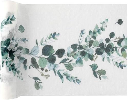 Tischläufer Tischdecke Tischband mit Eukalyptus Blättern Botanical Natural Living in weiß & grün Tisch-Dekoration Frühling Sommer Ostern Hochzeit 2 Rollen = 6m
