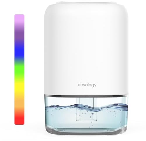 Devology Mini Deshumidificador Portátil Compacto 1100ml - Eléctrico y Energéticamente Eficiente - Eliminador de Moho, Humedad y Condensación - Super Silencioso <30dB 7 Colores LED para Luz de Ambiente