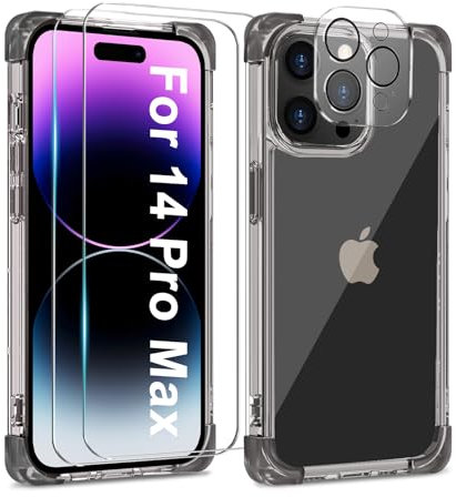 L-FADNUT 5-in-1-Set für iPhone 14 Pro Max Hülle mit 2 Stück Schutzfolie und 2 Stück Kameraschutz, Slim Soft TPU & Hard PC Handyhülle Transparent Stoßfest Schutzhülle für iPhone 14 Pro Max, Schwarz