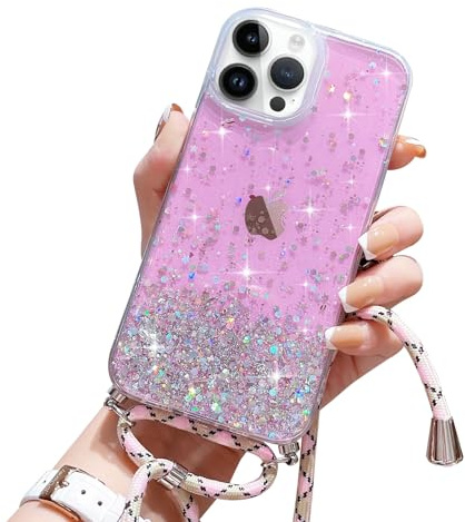 Wirvyuer Handyband Hülle für iPhone 15 Pro Handyhülle mit Kordel,Rosa