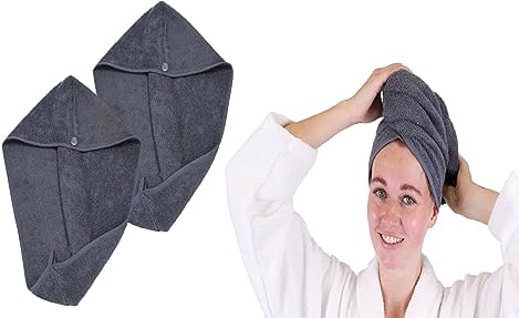 Betz 2 Stück Turban Handtuch mit Knopf - Berlin - Turbantuch - Haar Turban - Frottier Kopfhandtuch - 100% Baumwolle Farbe dunkelgrau