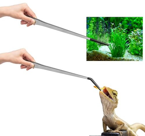 Lasnten Extra lange Edelstahl-Futterzange für Reptilien mit Gummispitze, Bartdrache, Aquarium, gerade und gebogen, lange Pinzette, Terrarium, Futterspender für Aquarium, silberfarben, 47 cm, 47 cm, 2