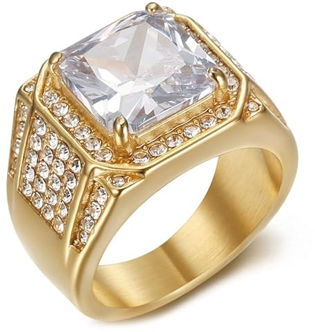 BOBIJOO Jewelry - Herren-Diamantring, Siegelring, Edelstahl, vergoldet, Zirkonoxid, Metall