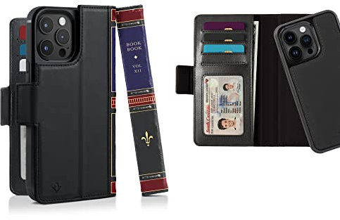 Twelve South BookBook für iPhone 15 Max | MagSafe kompatible Echtleder-Schutzhülle mit Display-Ständer + abnehmbare eigenständige Leder-Akzent-Hülle, schwarz