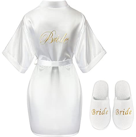 BBTO Bride Morgenmantel und Bride Hausschuhe Braut Brautjungfer Kurze Weiße Satin Braut Robe Hausschuhe für Frauen Mädchen (M)