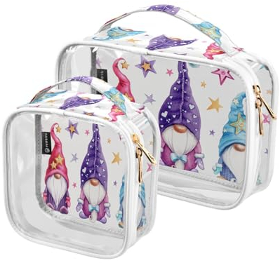Clear Travel Toiletry Bag Magic Gnomes Stars White Cosmetic Bag Makeup Bags 2 Pack PVC Portable Waterproof Toiletries Carry Pouch Wash Storage Bag for Women Men, A386, 2er-Pack