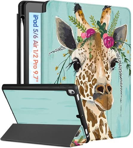 Kidcube Schutzhülle für iPad 5. / 6. Generation, iPad Air 1. / 2. Generation, iPad Pro 9,7 Zoll (24,6 cm), niedliches Folio-Cover mit Stifthalter, Kawaii-Giraffe, Teenager, Ständer, automatische