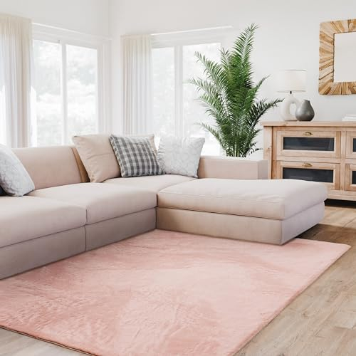 Interiyou Fargo - Teppich Wohnzimmer 160x230 cm Rosa - Kurzflor Waschbar und rutschfest - Flauschiger Fellteppich aus Kunstfell - weicher Langflor Fell