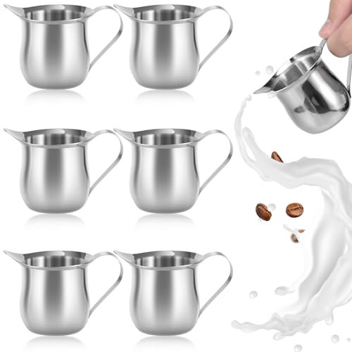 6Pcs Bell Creamers 3oz Mini Creamer Jug with Handle Stainless Steel Milk Pitcher Cup Mini Coffee Jug Milk Frothing Jug Small Milk Jug Sauce Jug Serving Pitcher with Handle for Milk Coffee