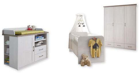 Stella Trading Luca Babyzimmer Komplett-Set in Pinie Optik/Trüffel - Babyzimmer Möbel-Set 3-teilig im Landhausstil bestehend aus Kleiderschrank, Babybett & Wickelkommode