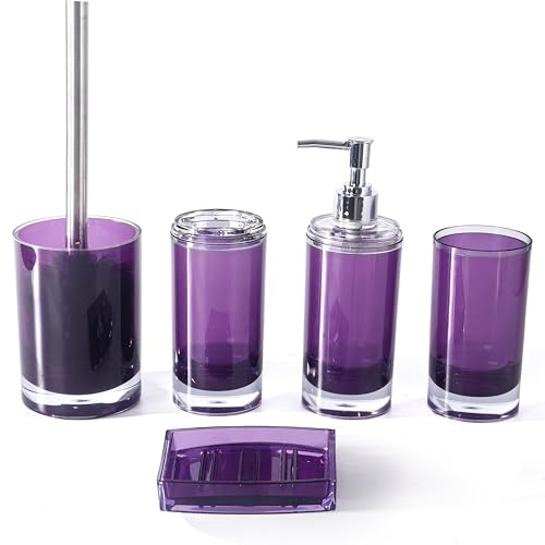 5 Pcs Purple Acrylic Bathroom Accessories Set Complete,Lotion/Soap Dispenser,Soap Dish,Toothbrush Holder, Tumbler,Toilet Brush and Holder,Modern Bathroom Decor and Housewarming Gift Set (Dark Purple)