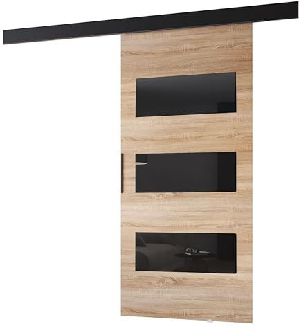 MINIO go for it - Schiebetüren 106 cm, Schiebetür Zimmertür PRIM E, Schiebetürsystem für Zimmer, Dekorative Elemente, Wandmontage, Türe Innen - Schwarz/Schwarzer Griff, Sonoma Eiche/Schwarz