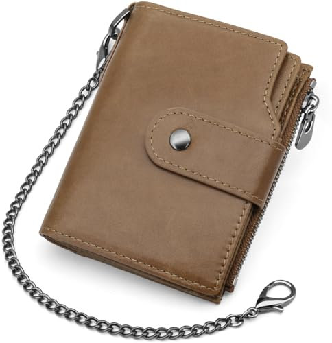 REETEE Portafoglio Uomo Protezione RFID Portafoglio da Uomo con Catena, Vera Pelle Piccolo Portafogli Uomo con 19 Porta Carte di Credito e Cerniera Tasca Portamonete (Caffè)