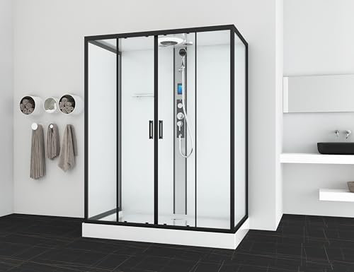 SANOTECHNIK Komplettduschkabine NEW YORK Black 90×160×215 cm – All‑in‑One Komplettdusche | 5 mm ESG Sicherheitsglas, Touch‑Radio, LED‑Dach, Massagedüse, Schnellmontage, CL23B