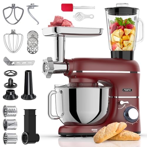 Fentic 6 in 1 Impastatrice Planetaria – 2000W – Con Tritacarne, Frullatore da 1,5L, Tagliaverure, Accessori Extra – Robot da Cucina con Ciotola 6.2L, Frusta, Gancio Impastare, Mescolatore (Rosso)