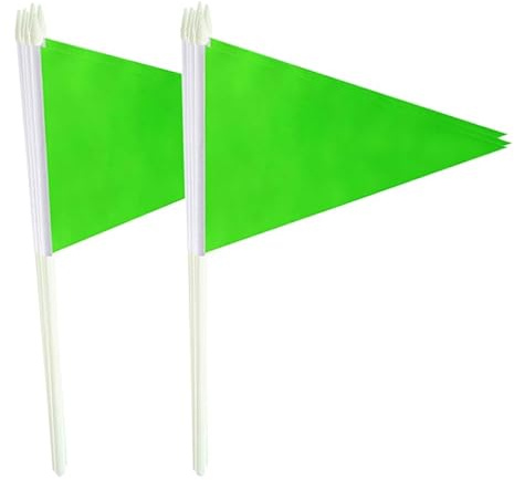 Lebei Paquete de 12 banderines pequeños verdes con palo, mini triángulo en blanco, para manualidades, graffiti, banderas de mano de 5 x 8 pulgadas con poste sólido